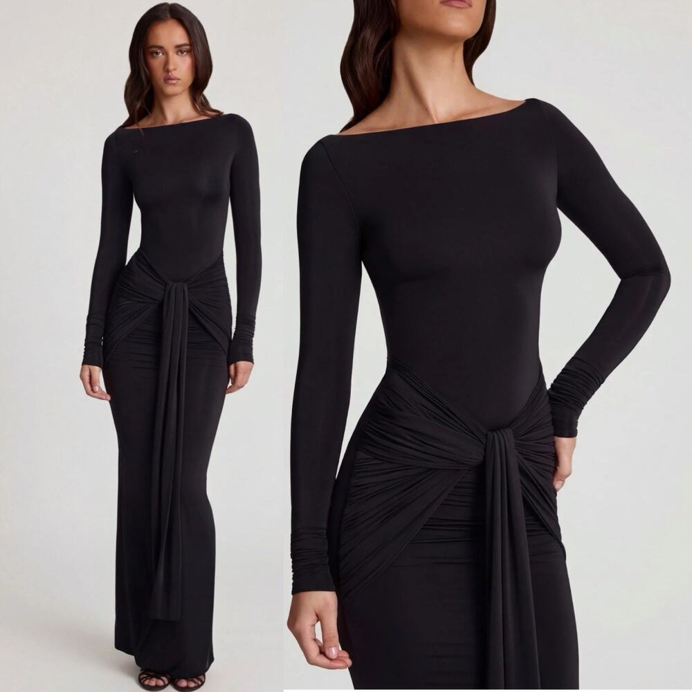 Oh polly Mericia Soft Jersey Liquid Maxi Dress Boat Neck Tie Gather Black Sz 8